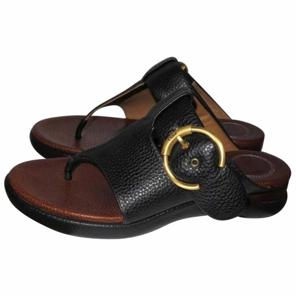 Chloé Wave Black Leather Flat Sandals 38